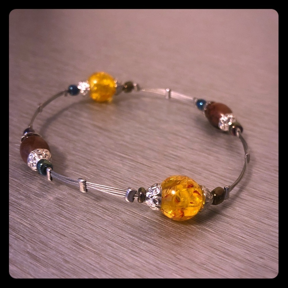925 Sterling Silver Amber Beaded Bracelet 8” | Earthy Boho Gemstone Wire Bangle - Picture 2 of 2